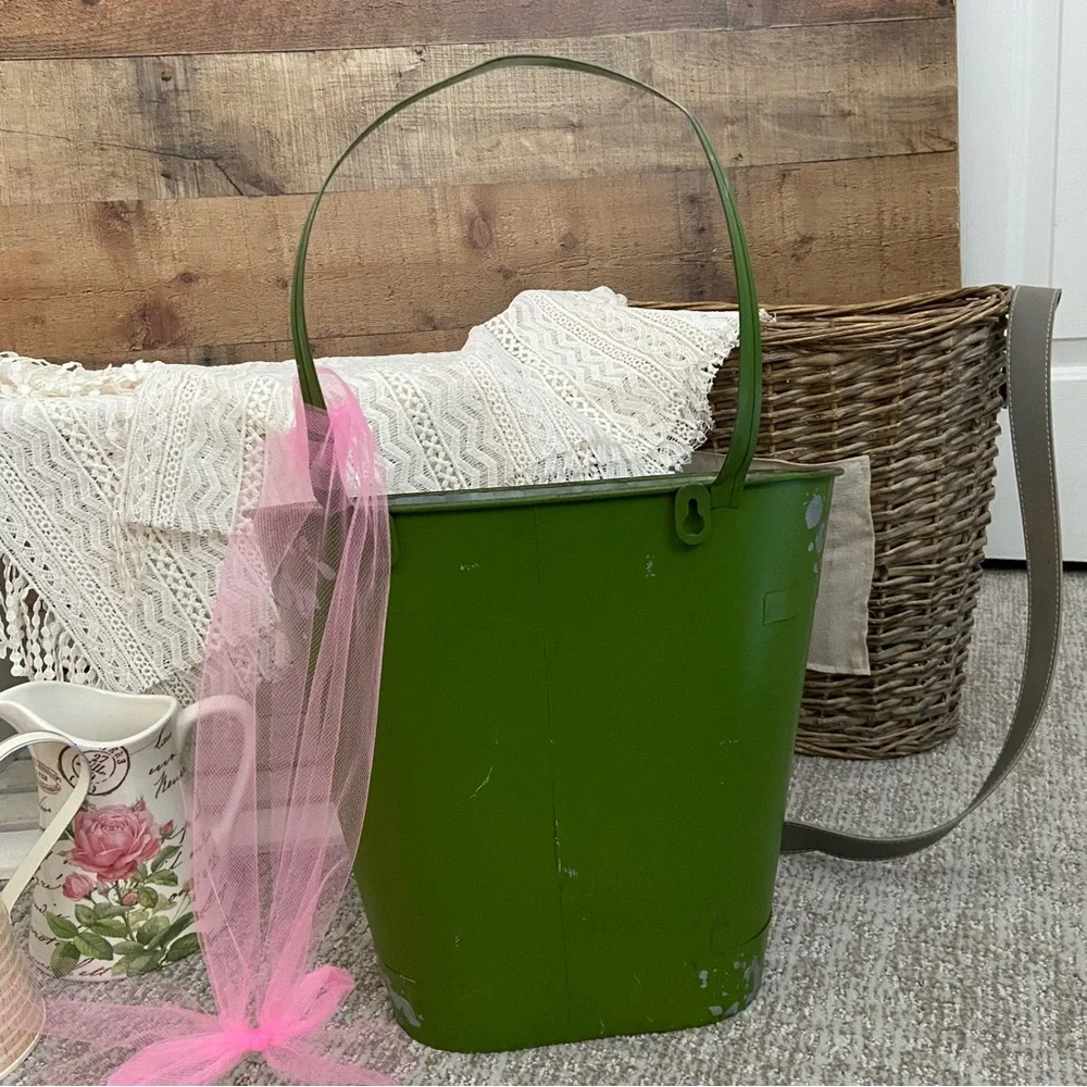 Vintage Chippy Metal Floral Container with Handle
